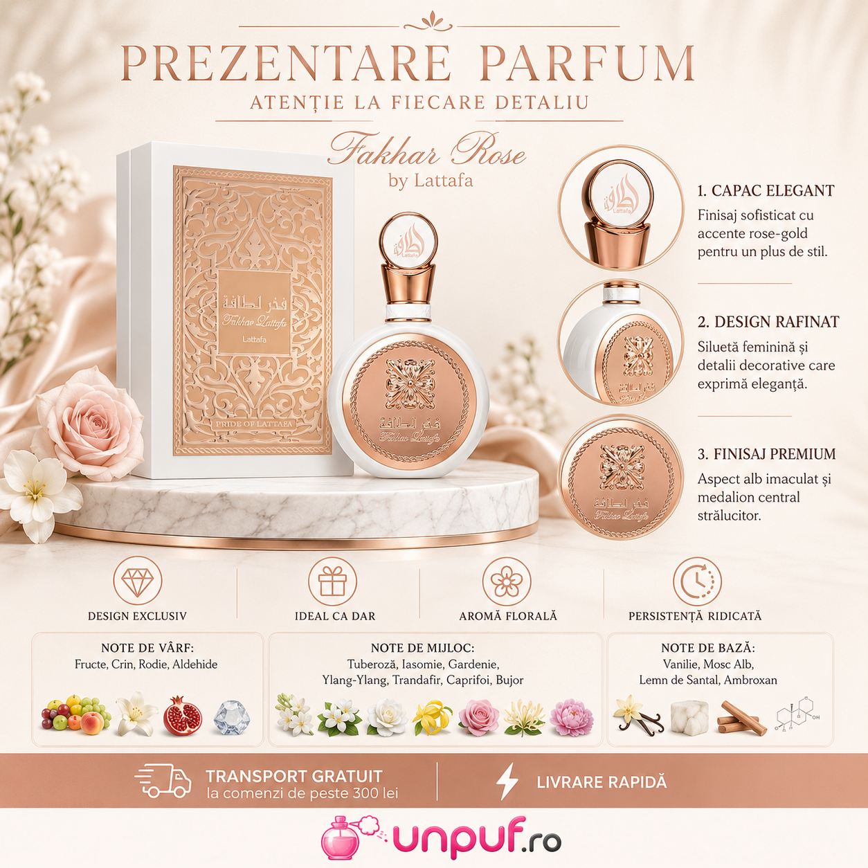 Prezentare parfum Fakhar Rose Gold Lattafa Pride flacon alb rose-gold note olfactive și detalii premium